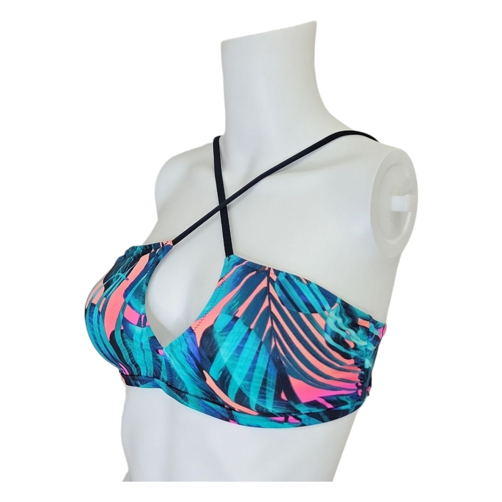 PINK Tropical Strappy Bikini Top, Teal Pink Black, Medium